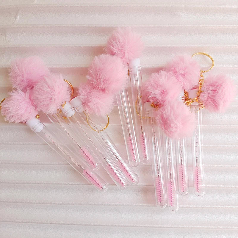 10pcs Eyelash Eyebrow Brush With Hairball Keychain Mascara Wand Reusable Lash Extension Clear Micro Comb Container Makeup Tool Pi-Mart