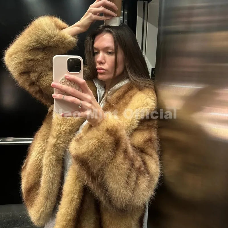 Neo Mint Luxury Brand Fashion Women Yellow Striped Faux Fur Jacket Coat Chic Girls 2025 Winter Oversized Warm Outerwear Overcoat LadyShow.Store