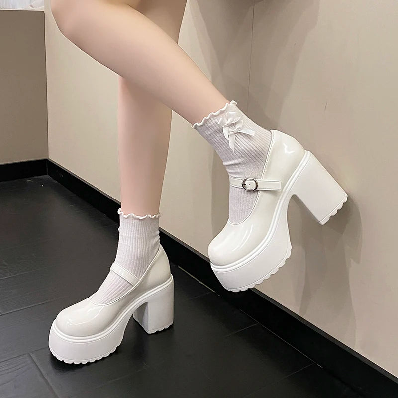 Black Super High Heels Mary Jane Shoes Women 2026 Goth Chunky Platform Pumps Woman Plus Size Ankle Buckle Party Lolita Shoes 42 Pi-Mart