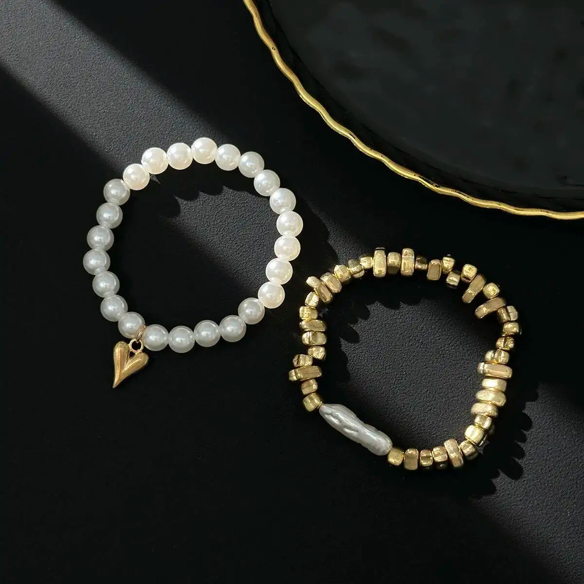 2Pcs/Set Elegant Imitation Pearl Bracelet for Women Bohemian Elastic Rope Chain Bracelet with Heart Pendant Jewelry Gift Pi-Mart