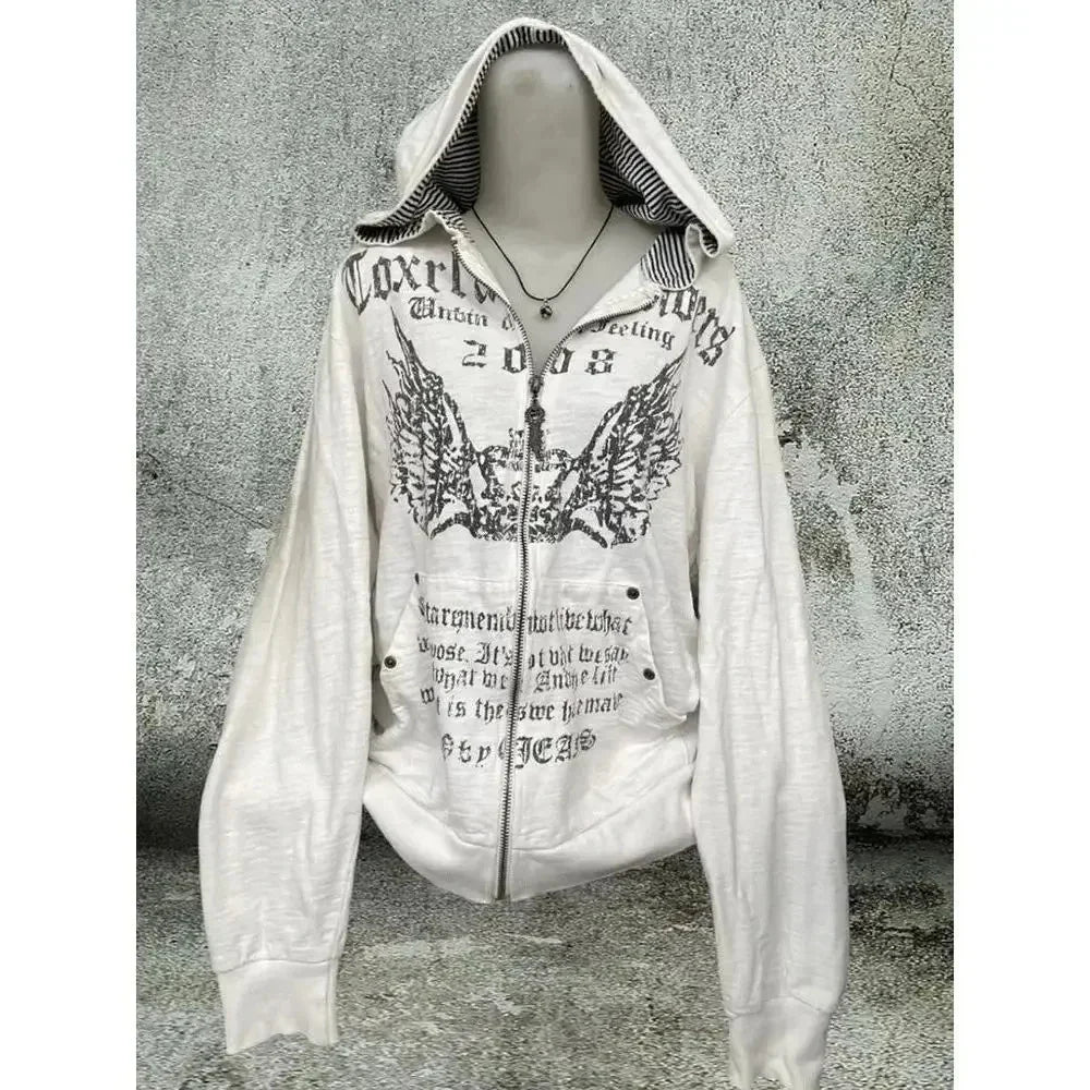 Korean Fashion Sweatshirts Harajuku Gothic Printed Coats Jackets Subculture Vintage Faux Fur Hooded Women Casual Y2k Clothing LadyShow.Store