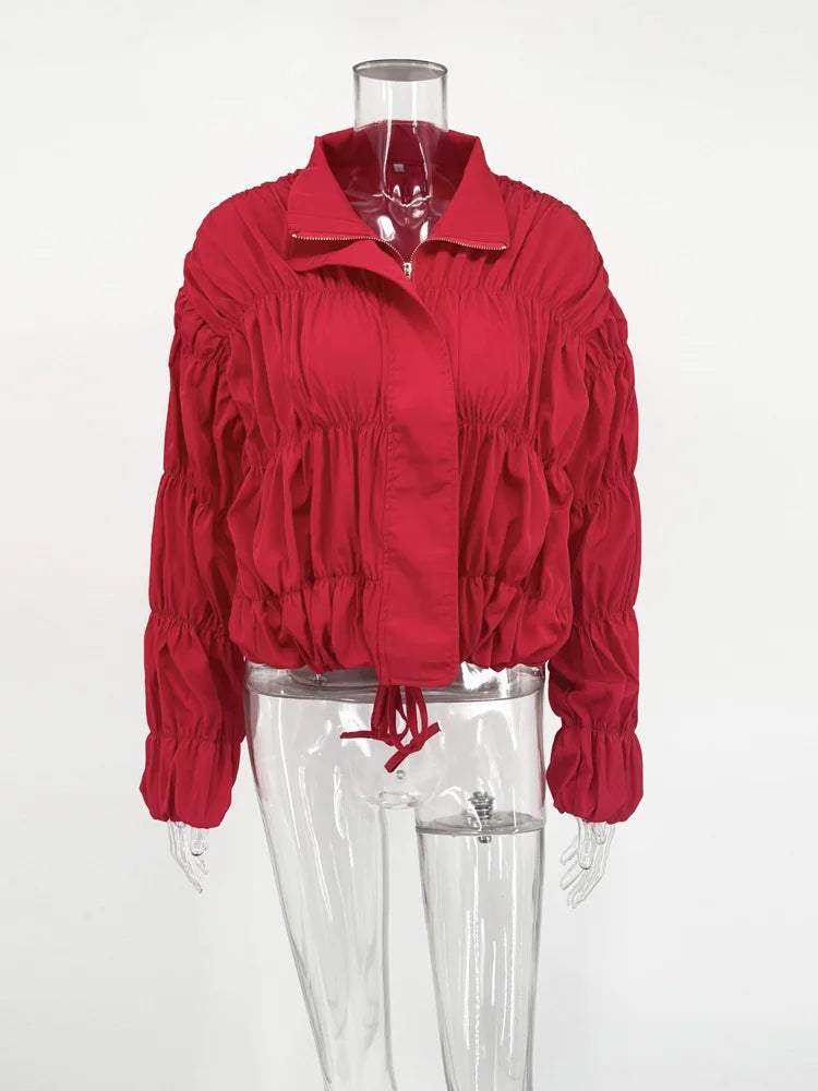 Tossy Solid Commuting Pleated Jackets For Women Long Sleeves Stand Collar Loose Streetwear Cropped 2025 Coat Female Jacket Coat LadyShow.Store