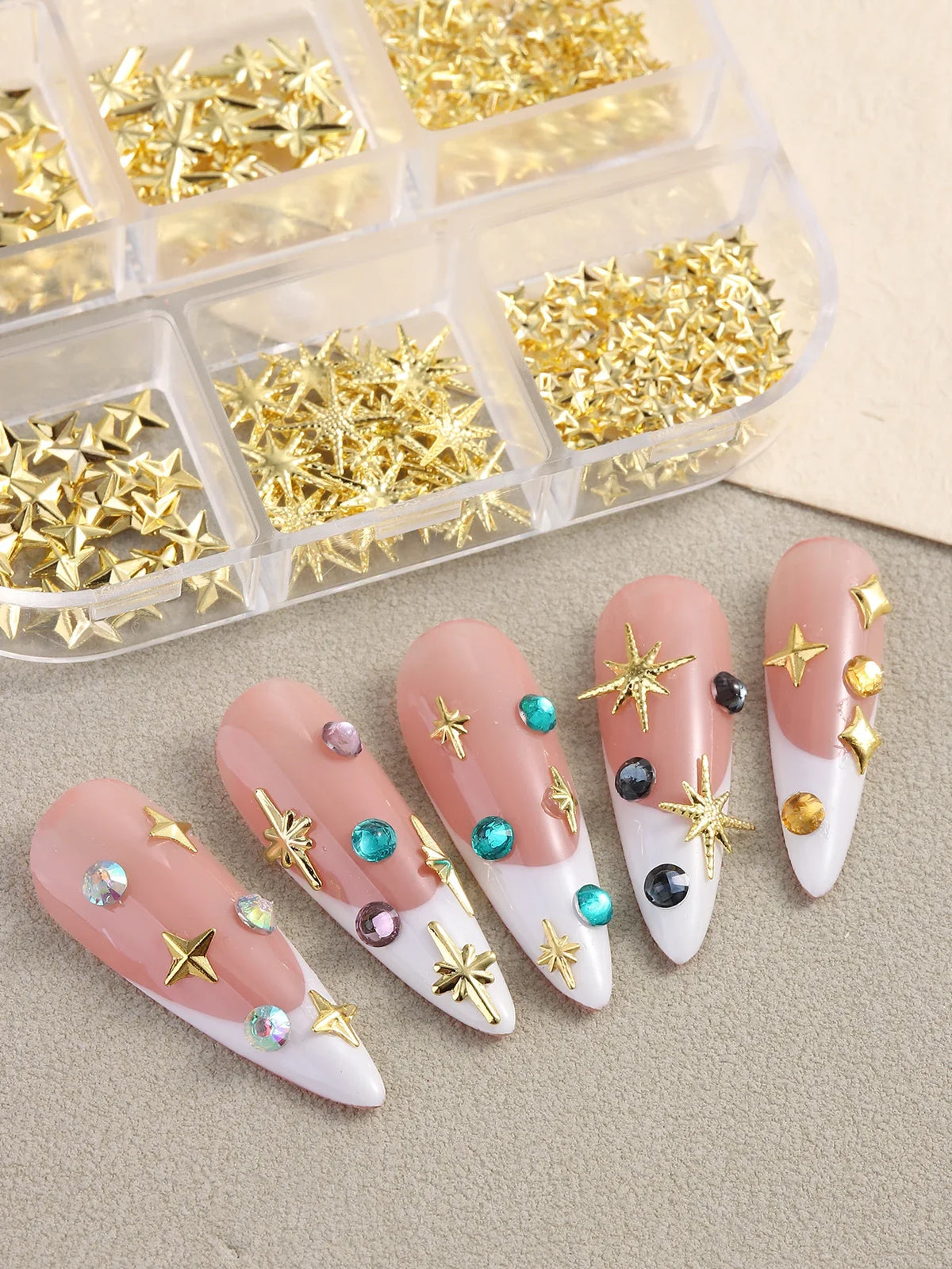 6/12Grids Gold Star Moon Metallic Rivet 3D Nail Charms Alloy Sun Moon Starlight Rhinestones Nail Studs For Nail Art Decoration Pi-Mart