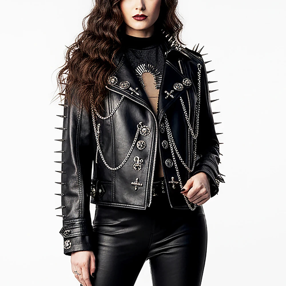 Y2K PU Leather Jacket Chain Skull Cross Punk Rock Street Wear Trendy Gothic Goth Cyber Harajuku Glitch Core Club Wear E-Girls Pi-Mart