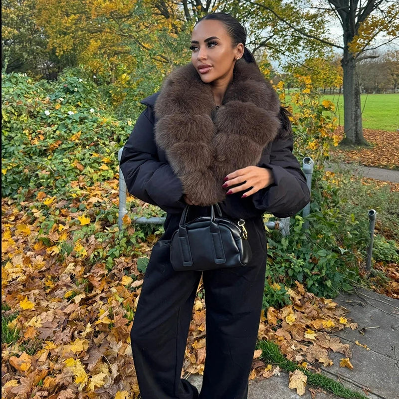 Luxury Thick Faux Fox Fur Collar Cropped Puffer Coat Women Oversized Lapel Zip Up Short Warm Windproof Winter Outerwear Jacket Pi-Mart