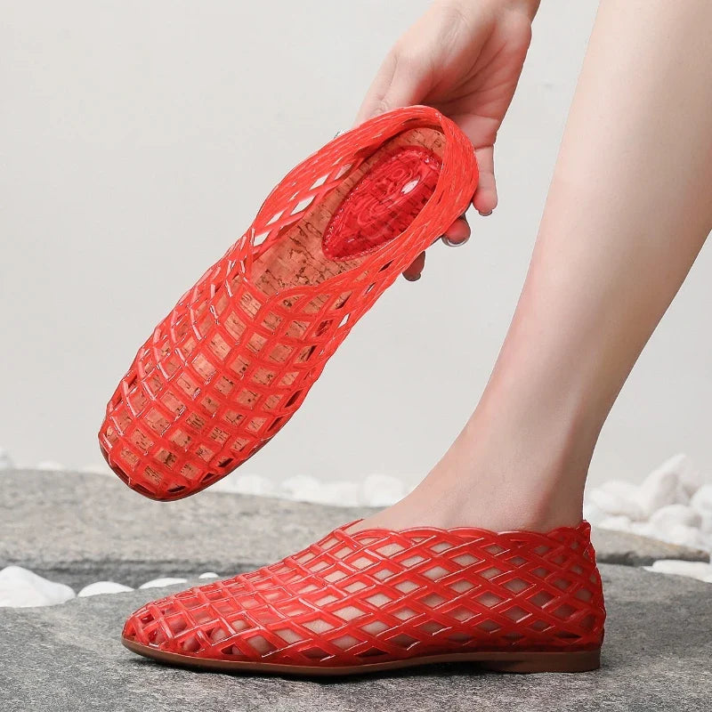 New 2026 Women Leisure Jelly Sandals Cut-out Soft PVC Breathable Summer Flat Shoes Close Toe Female Street Flats LadyShow.Store