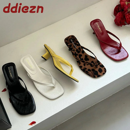 Fashion Square Toe Women 4CM Heels Slippers Slides Sandals Summer Casual Female Flip flops Ladies Thin Heel Slippers Shoes Pumps LadyShow.Store
