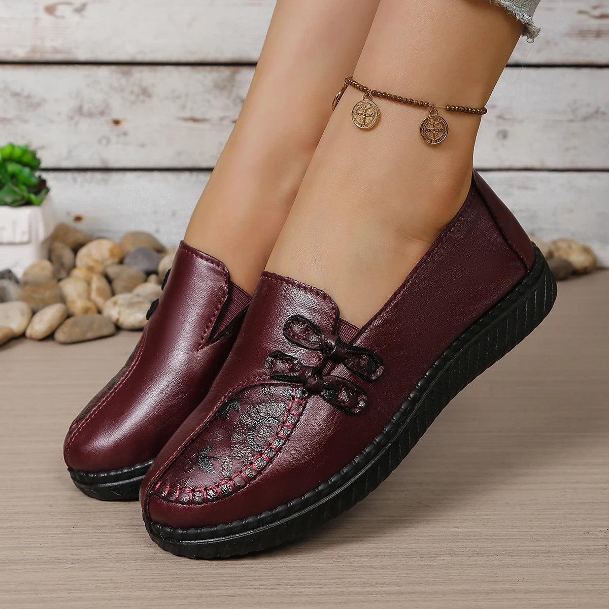 Women's Spring Autumn Leather Loafers Floral Embossed Slip‑On Flats Anti‑Slip Comfort Casual Mom Daily Walking Free Shipping Pi-Mart
