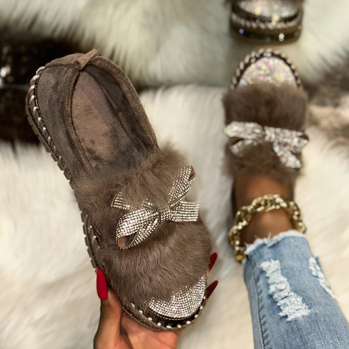 Trend Women Sneakers Furry Crystal Bow  Women Casual Shoes Flat Platform Loafers Short Plush Warm Autumn Winter Sneakers Woman Pi-Mart