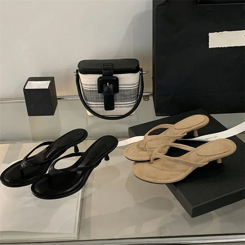 Aneikeh 2026 Fashion Thin Heels Slippers Women Round Clip Toe Slides Sandals Summer Flip Flops Female Shoes Mules Slides LadyShow.Store