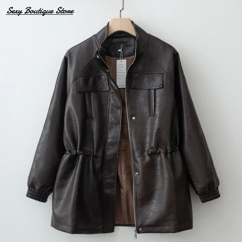 Autumn Winter Pu Leather Jacket For Women Solid Full Sleeve Elastic Adjustable Waist Coat 2025 New Lady Fashion Casual Outwears LadyShow.Store