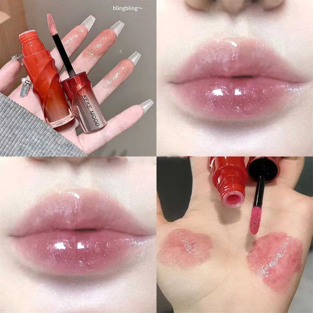Crystal Nude Gray Glossy Lip Stain Mirror Korean Lip Glaze Sheer Nude Glitter Lip Tint Watery Shine Plumping Lipgloss Cosmetics Pi-Mart