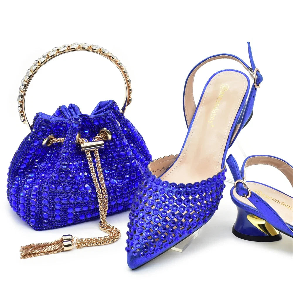 New Fashion Gold Color Shoes and Bags To Match Set Nigeria Party Women's Wedding Bag and Shoe Set Decorated with Rhinestone LadyShow.Store