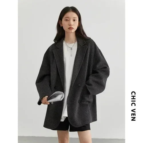 CHIC VEN Women's Woolen Coats Fashion Solid Loose Warm Jackets Korean Casual Office Lady Female Clothing Spring Autumn New 2026 LadyShow.Store