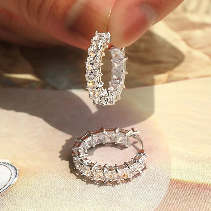 Huitan Princess Square Cubic Zirconia Hoop Earrings Luxury Trendy Ear Circle Earrings for Women Fashion Versatile Female Jewelry Pi-Mart