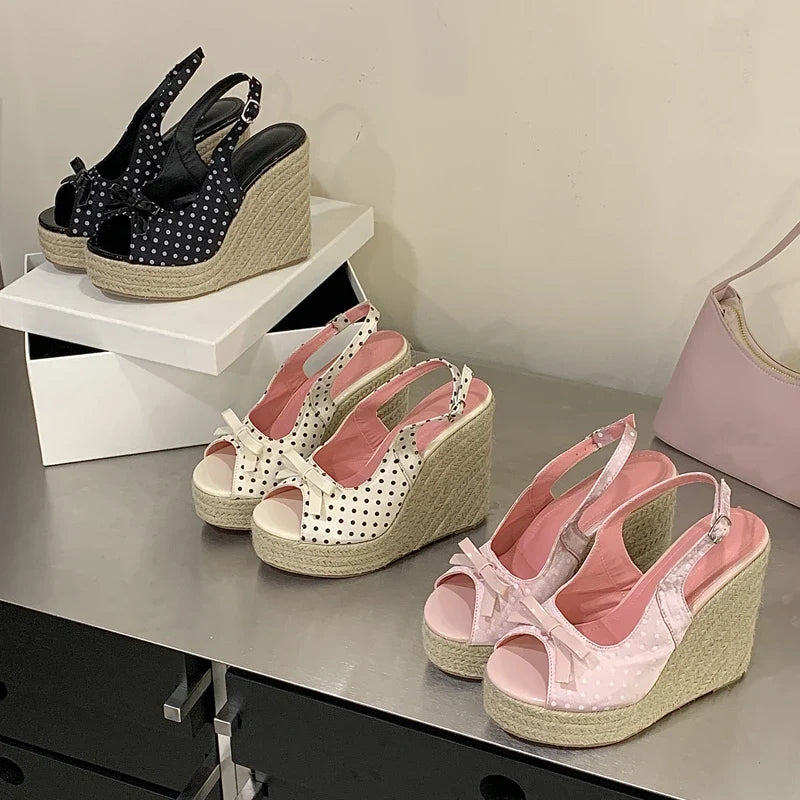 Aneikeh Summer Thick Soled Grass Woven High Heels Casual Retro Roman Sandals Polka Butterfly-kont Wedge Platform Woman Sandals LadyShow.Store