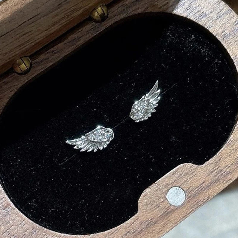 Fashion Zircon Wing Stud Earrings for Women Luxury Shiny Crystal Creative Angel Wings Cross Silver Color Ear Studs Jewelry Gifts Pi-Mart