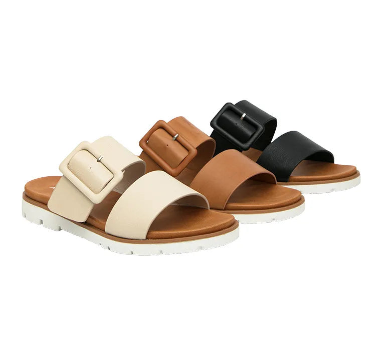 Adjustable Square Buckle Women Slide Sandals Two Strap Platform Slippers Low Heel Soft Sole Summer Open Toe Walking Casual Shoes Pi-Mart