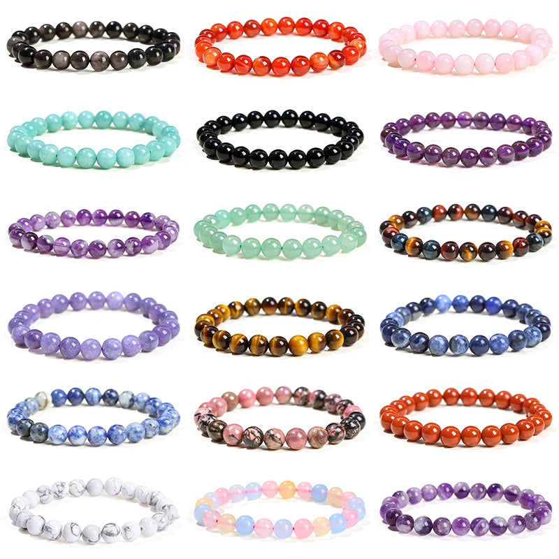 JD Natural Stone Beads Bracelet Amethyst Tiger Eye Crystal Quartz Agate Gem Beads Bangles Women Men Reiki Healling Jewelry Gift Pi-Mart
