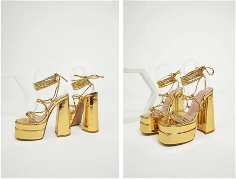 FF2025 New Fashion Solid Colored Cross-tied Heels Supper High Platform Dressing Sandals Peep-toe Square Heel Summer Footwear Pi-Mart