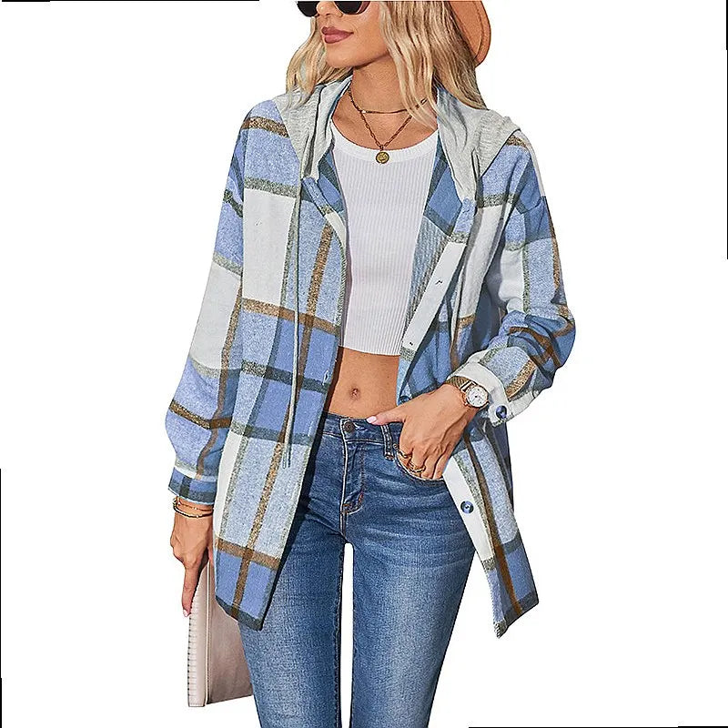 Women Hooded Plaid Wool Coat Blouse Top Spring Summer Fashion Outerwear Pi-Mart