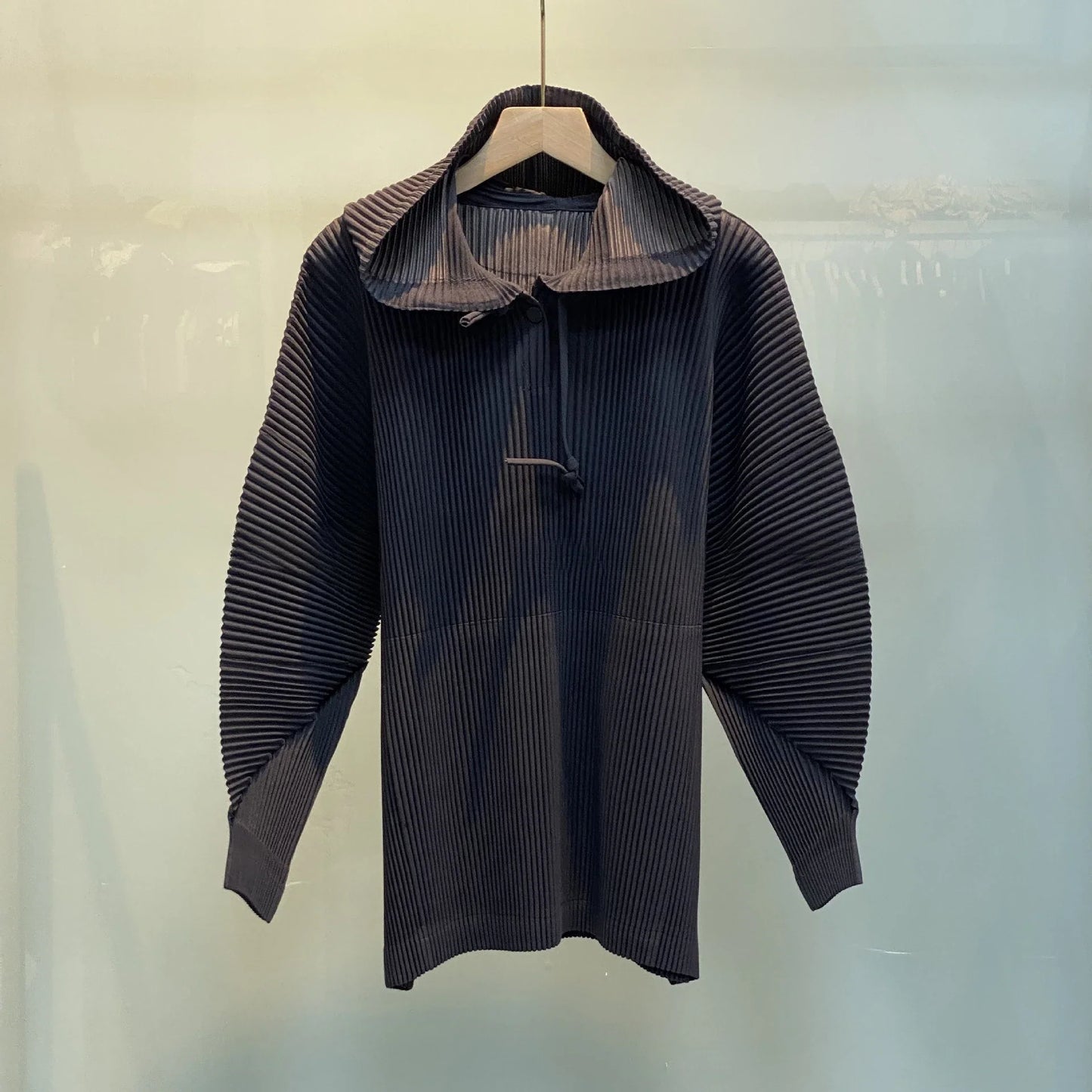 Miyake Pleated Sweatshirt Pit Stripe Zipper Standing Collar Jacket Women 2025 New Casual Pullover Hundred Pleat Skinny Tops LadyShow.Store