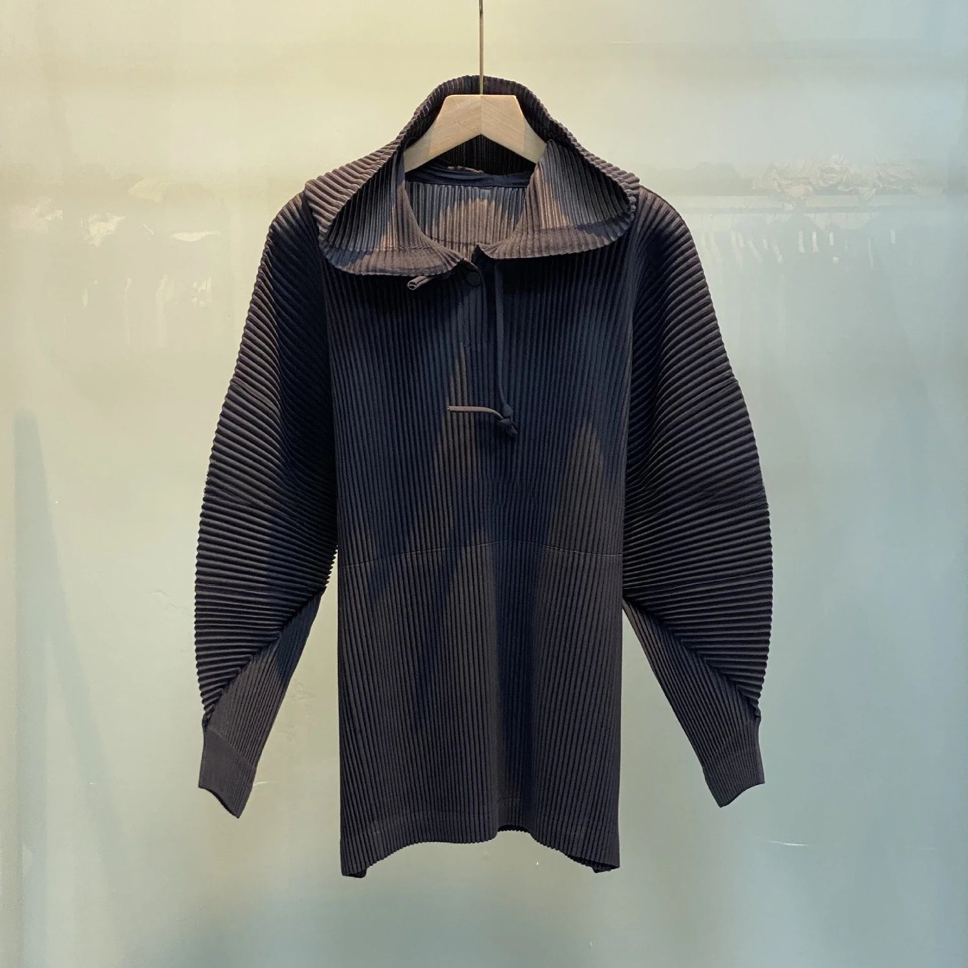 Miyake Pleated Sweatshirt Pit Stripe Zipper Standing Collar Jacket Women 2025 New Casual Pullover Hundred Pleat Skinny Tops LadyShow.Store