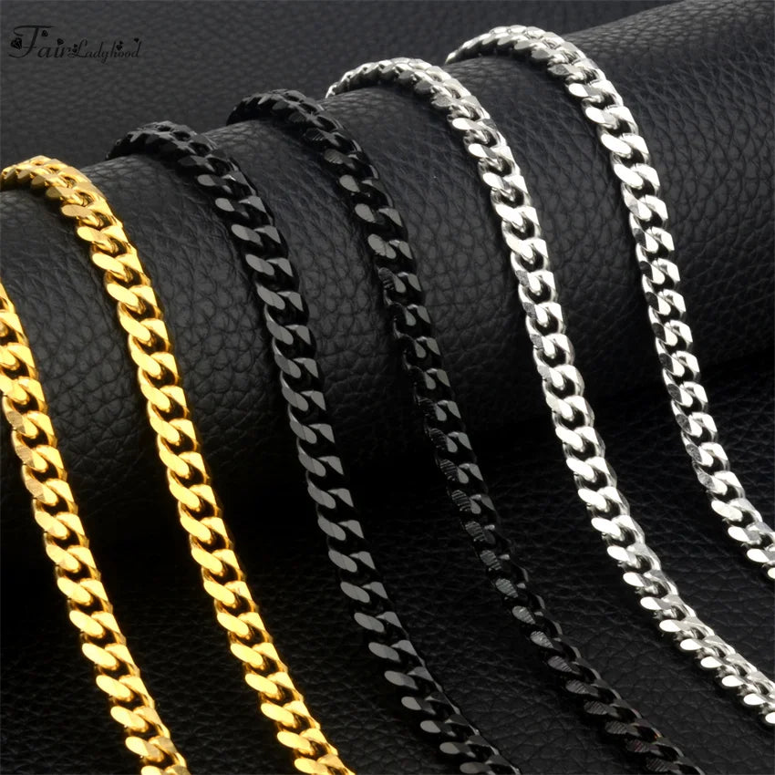 1 piece Size 3.6mm-9mm Men's Necklace Stainless Steel Cuban Link Chain Bracelet Necklace Steel Color Male Jewelry Pi-Mart