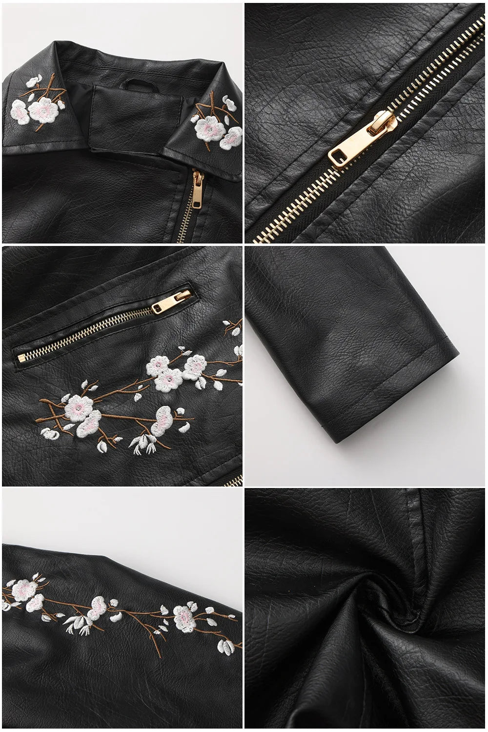 New Fall Women's Black Faux Leather Jacket; White Floral Embroidered PU Coat; Dark Brown Motorcycle-style Top. Pi-Mart