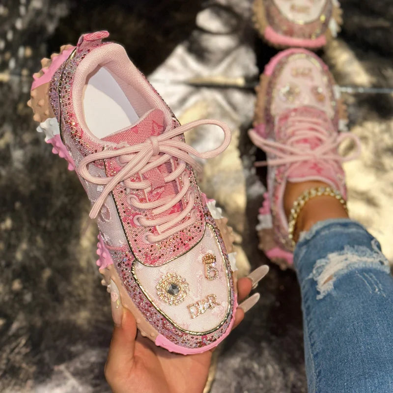 Luxury Designer Women's Sneakers Fashion Luxury Rhinestone Ladies Shoes 2026 New Outdoor Platform Female Sports Shoes Vulcanize Pi-Mart