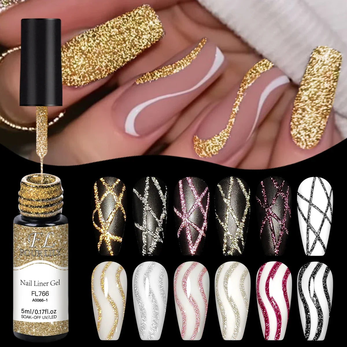 FOUR LILY 5ml Reflective Glitter Liner Nail Gel Polish Gold Silver Red Sparkling Nail Supplies UV/LED Varnish Painting Gel Tri Light Beauty