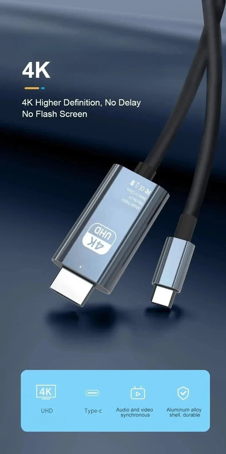 4K HD Video Conversion Cable Typec To Hdtv Same Screen Cable TV Computer 2 Meters Braided Screen Projection Cable Pi-Mart