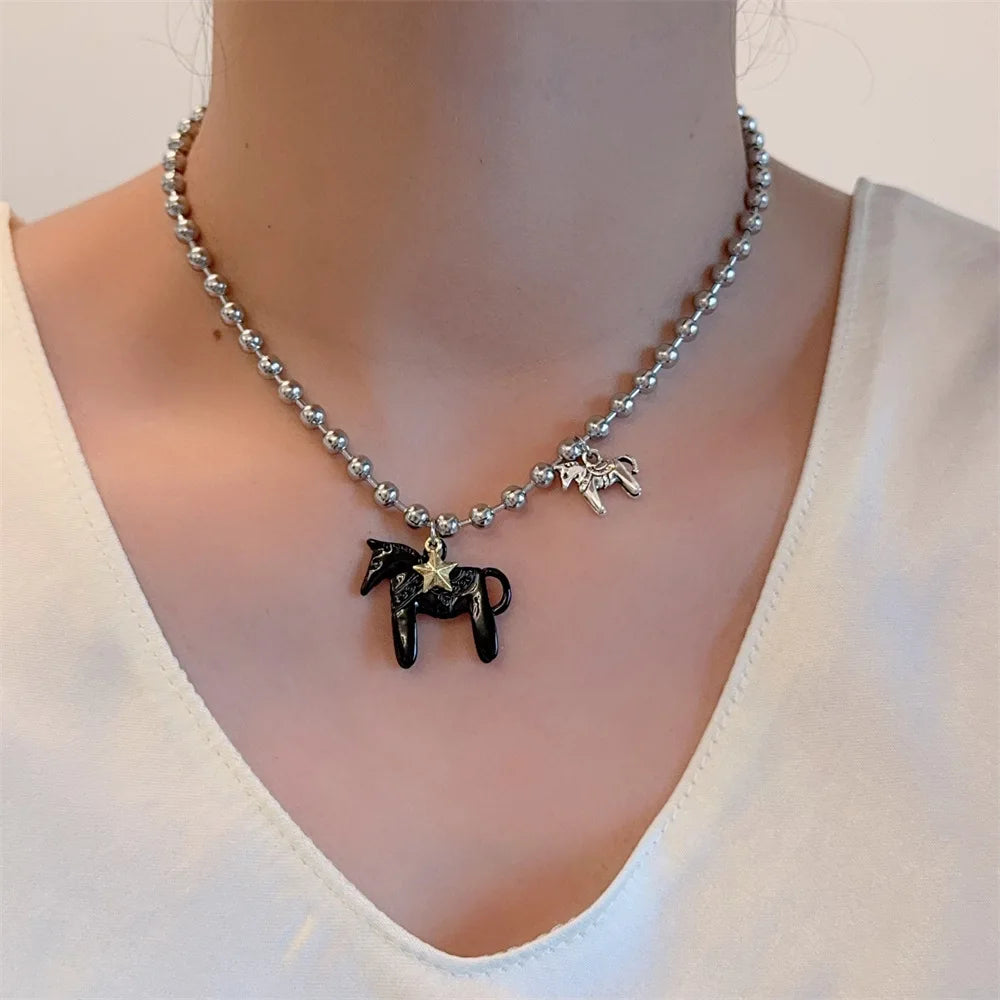 LATS White Black Green Blue Pink Color Enamel Colt Horse Pendant Necklaces for Women Silver Plated Alloy Beads Chain Chokers Pi-Mart