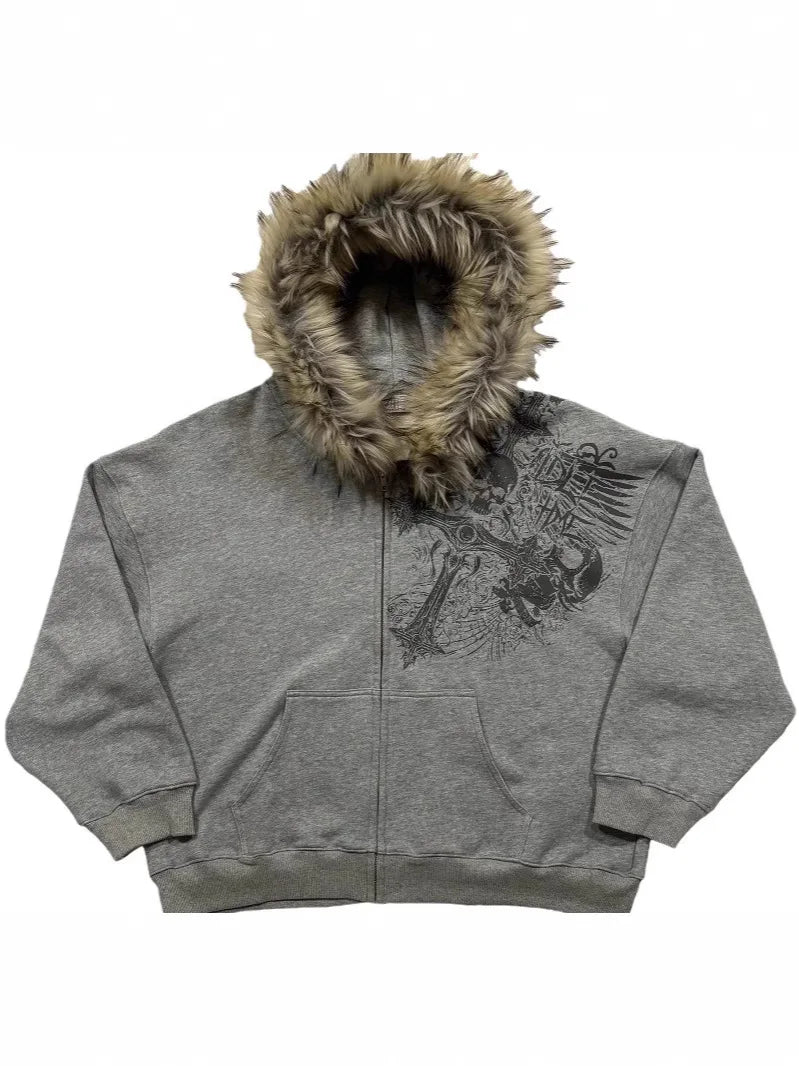 Autumn/Winter Y2k Women Aesthetic Harajuku Faux Fur Collar Hoodies Clothes Graphic Hip Hop Punk Gothic Zip Up Hoodies 2025 new LadyShow.Store