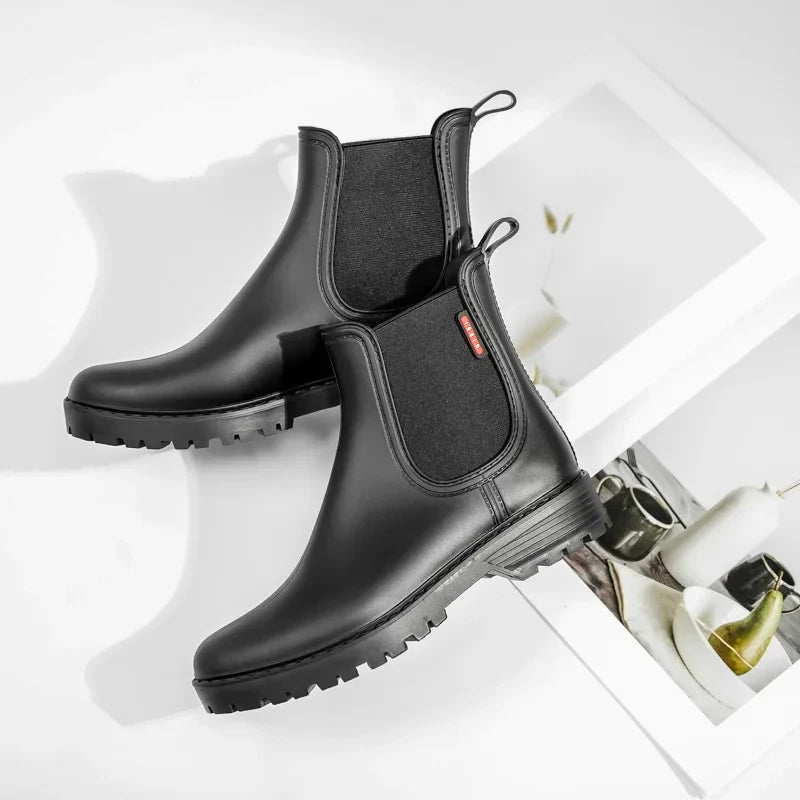 Women's short tube anti slip rain shoes, lightweight waterproof water shoes, fashionable Chelsea rain boots, PVC one-time moldin LadyShow.Store