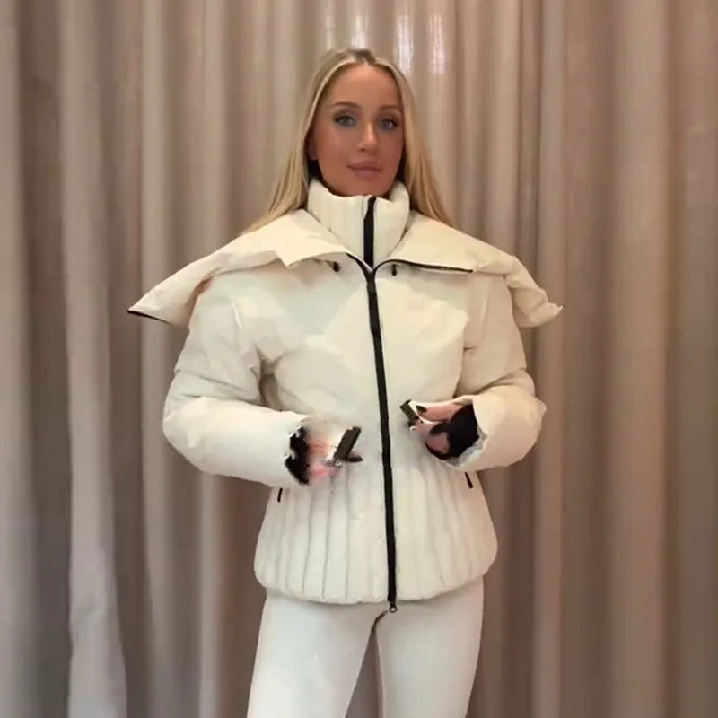 Belted Chic Hooded Cotton Coat Women Casual Full Sleeve Stand Collar Zipper Short Skiwear  Lady Winter Sport Puffer Jacket LadyShow.Store