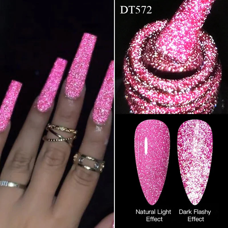 MEET ACROSS 7ml Pink Fluorescent Reflective Gel Nail Polish Glitter Neon Semi Permanent UV LED Gel Nail Art Varnish Manicure Tri Light Beauty
