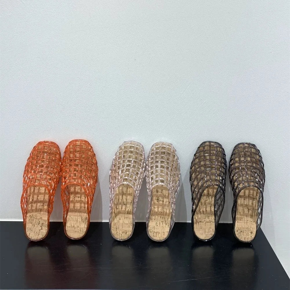 Round Toe PVC Crystal Slippers Non-Slip Soft Fishing Net Jelly Sandals Flat Low Bottom Transparent DIY Shoes Charms Shoes LadyShow.Store