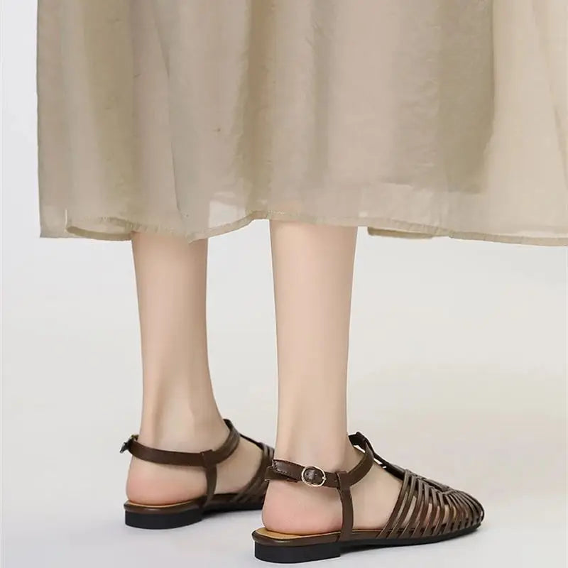 ZAROY Summer Women Gladiator Sandals Flat Ankle Strap Narrow Band Roman Shoes Casual Beach Vacation Hollow Out Big Size Sandalia LadyShow.Store