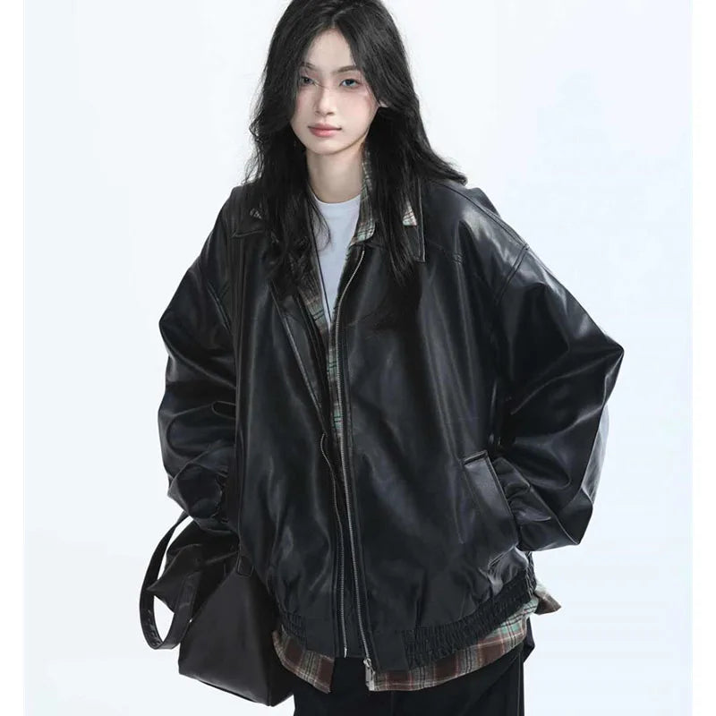 Retro Ladies Fashion Zipper Faux Leather Jacket Spring Autumn Women Long Sleeves Leather Coat 2025 Female PU Leather Outwear LadyShow.Store