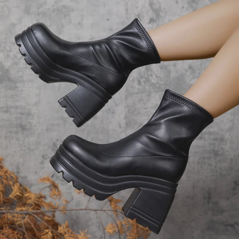 Women New Fashion Short Boots Women Sexy Leather Boot Square toe casual Zipper high heels Casual thick soled women shoes Zapatos LadyShow.Store