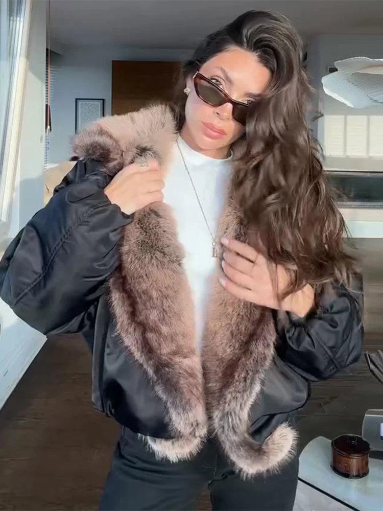 Fashion Faux Fur Patchwork Cotton Coat Women Lapel Zipper Pocket Cropped Street Warm Jacket 2026 Winter Lady Puffer Jackets New Pi-Mart