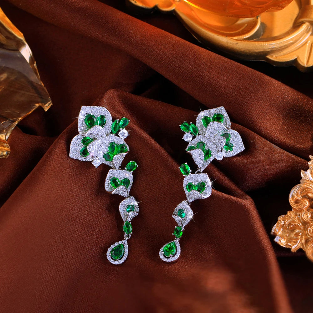 CWWZircons Elegant Green CZ Crystal Flower Water Drop Long Dangle Earrings for Women Beautiful Wedding Party Jewelry Gifts E1159 Pi-Mart