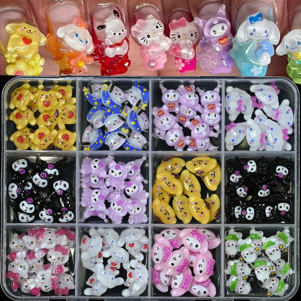 120PCS Box Mixed Hello Kitty 3D Nail Charms Cute Cartoon Resin Ornaments Kawaii DIY Nail Art Manicure Decor Accessories Pi-Mart