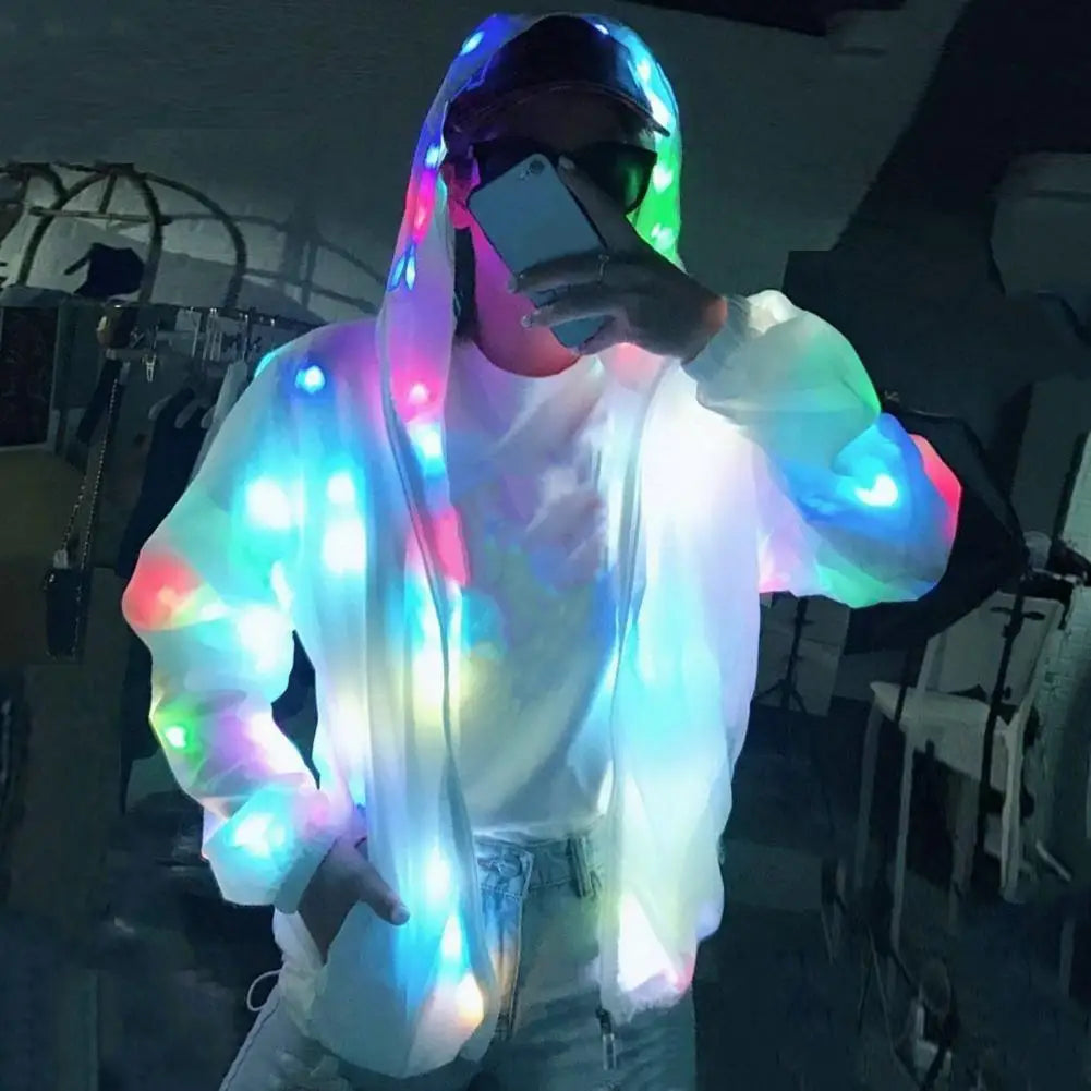 Hooded Light-up Jacket Glow Jacket Led Hooded Jacket Vibrant Colors Long Sleeve Pockets for Clubbing Concerts Dancing Parties LadyShow.Store