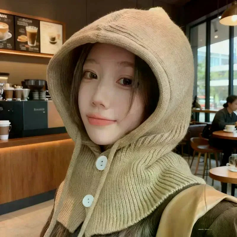 Winter Balaclava Hat Warm Knitted Women's Hood Hat Solid Color One-piece Neck Pullover Cap Outdoor Cashmere Caps Pi-Mart