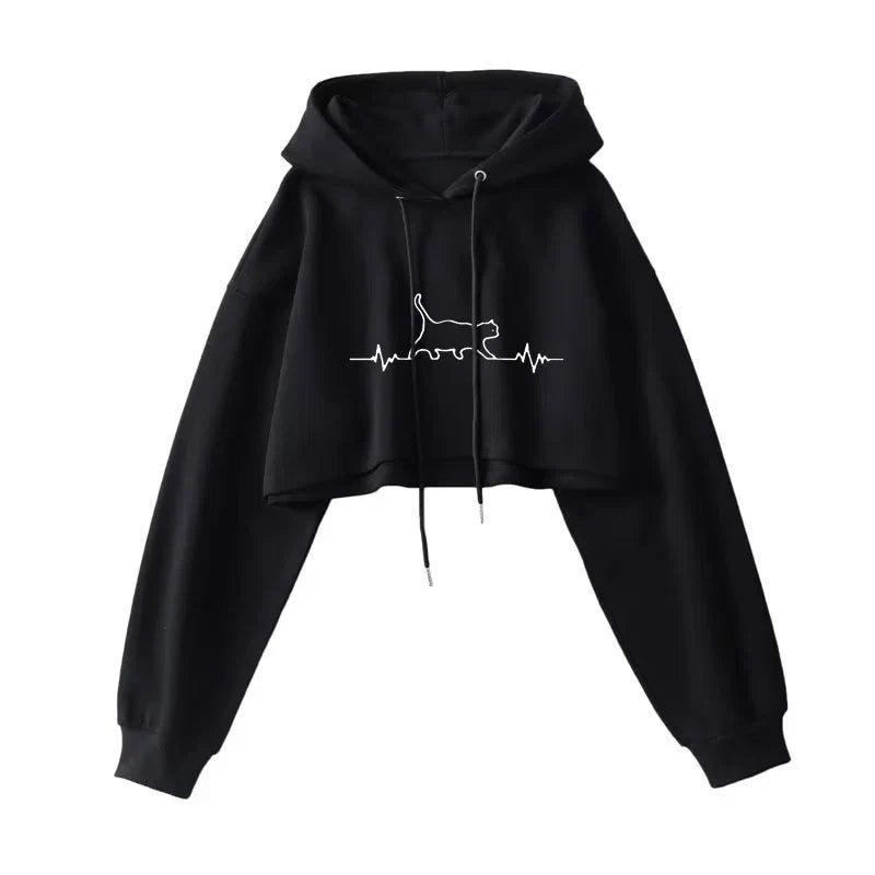 Sexy Short Hooded Sweatshirts Women Fashion Solid Color Long Sleeve Crop Tops Korean Streetwear Pullover Hoodies Female LadyShow.Store