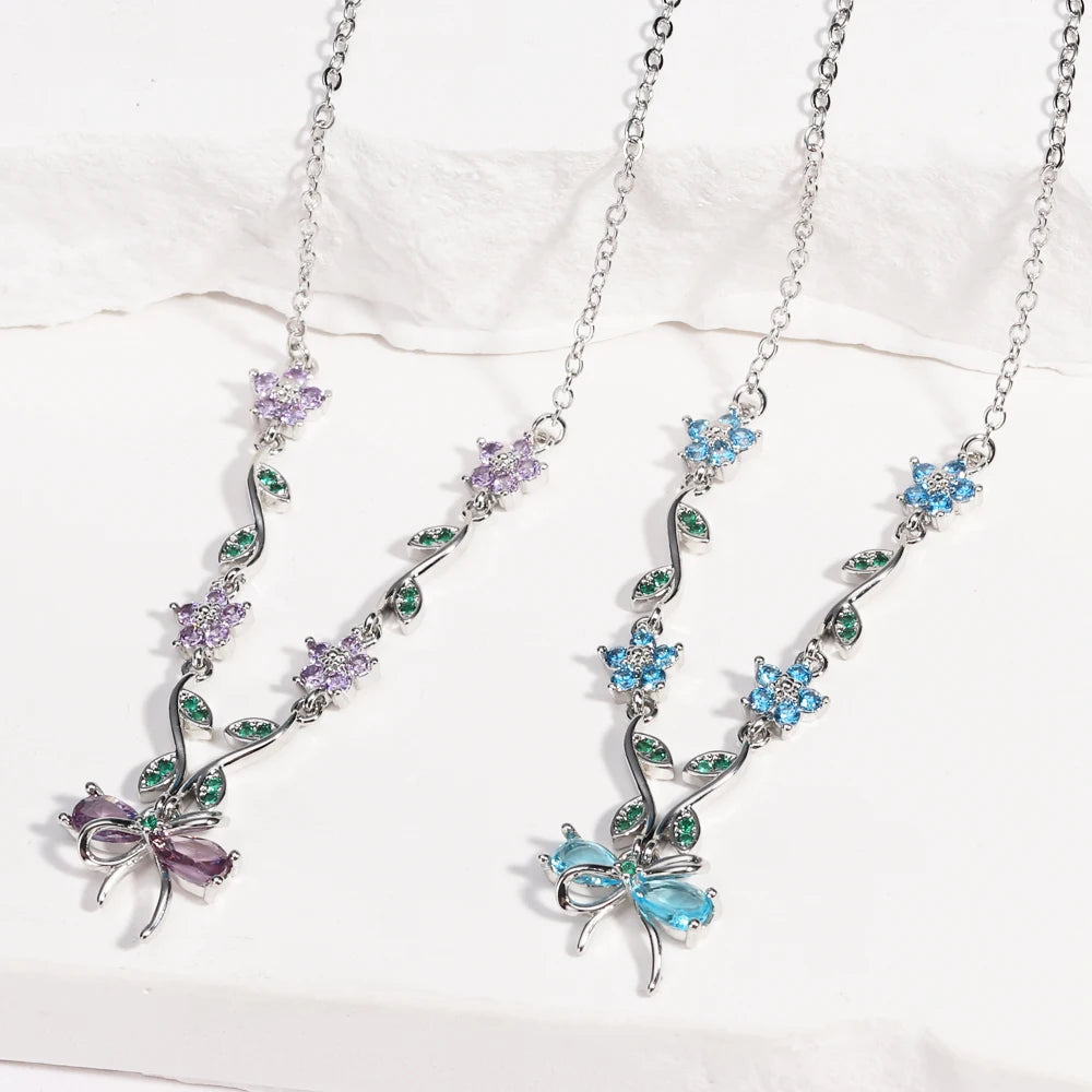 Summer New Fashion Exquisite Bow Leaf Flower Necklace For Women's Elegant Pink Zircon Chain Pendant Jewelry Gifts Pi-Mart