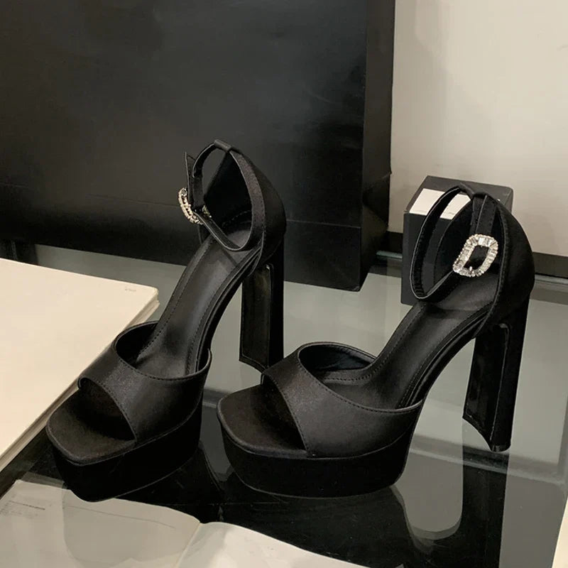 Liyke Runway Style Black High Heels Platform Sandals For Women Cozy Silk Square Toe Buckle Strap Lady Party Dress Shoes Size 40 LadyShow.Store