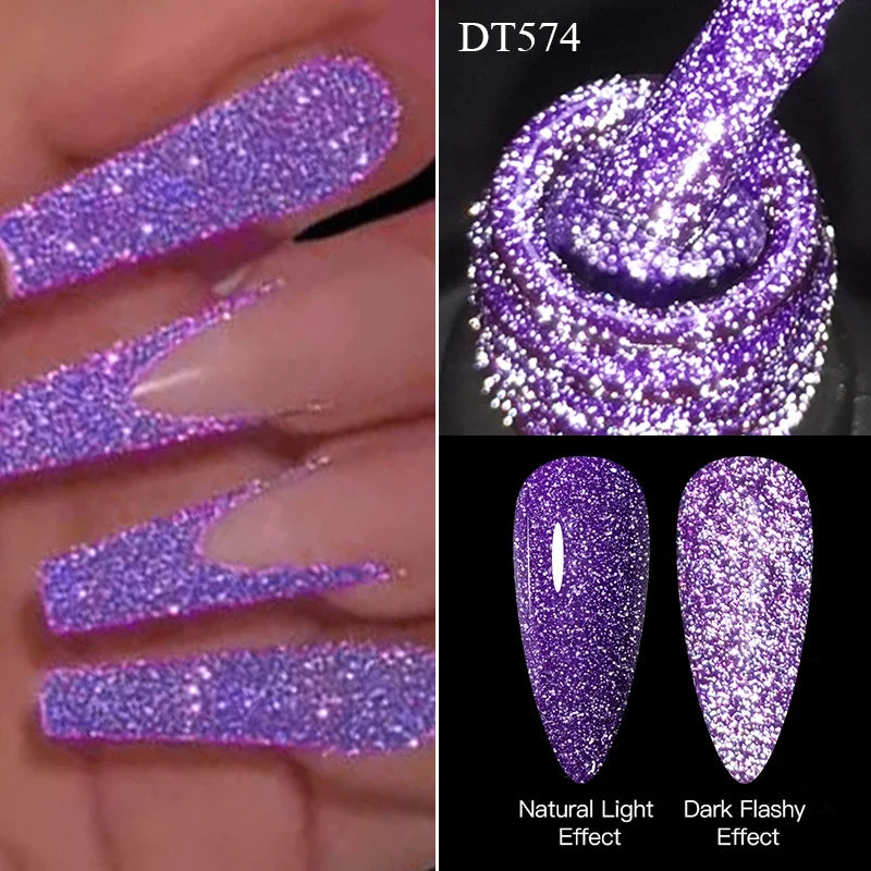 MEET ACROSS 7ml Pink Fluorescent Reflective Gel Nail Polish Glitter Neon Semi Permanent UV LED Gel Nail Art Varnish Manicure Tri Light Beauty